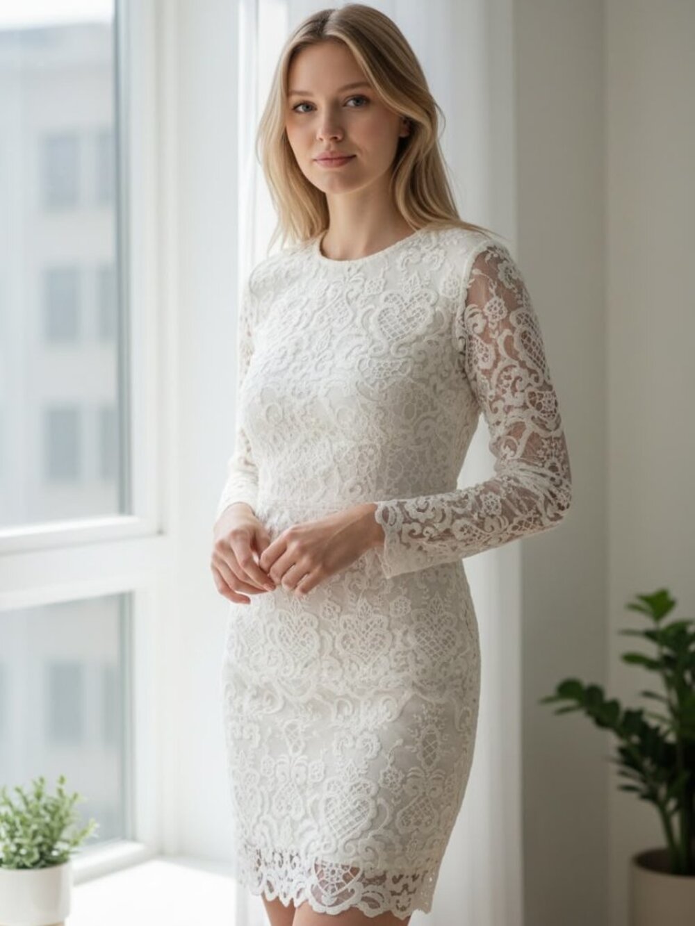 French Connection Women's White Lace Long Sleeve Mini Dress - US 6
